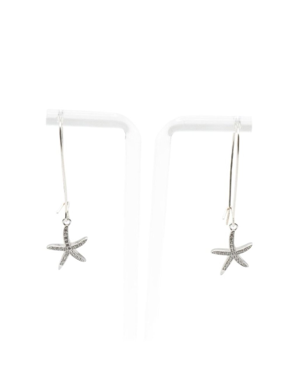 Sterling Silver Starfish Drop Earrings CZ Dangle Beach Ocean French Wire 2 Inch